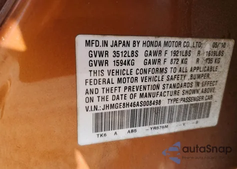 2010 Honda Fit Sport z USA, uszkodzony, nr VIN JHMGE8H46AS008498